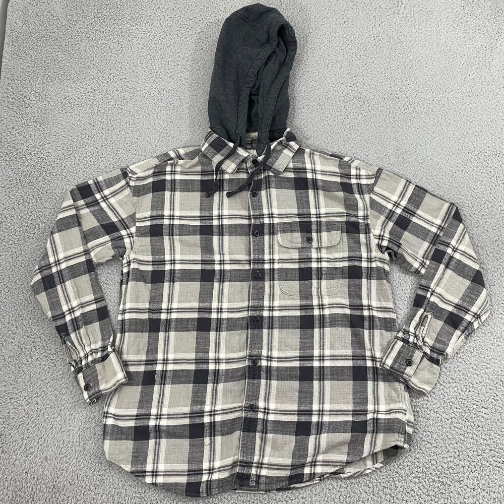 American Eagle Hooded Flanel Men L Gray Plaid Super Soft Button Front